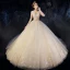 Charmant Champagne Robe De Mariée 2019 Robe Boule Encolure Dégagée Paillettes En Dentelle Fleur 1/2 Manches Cathedral Train