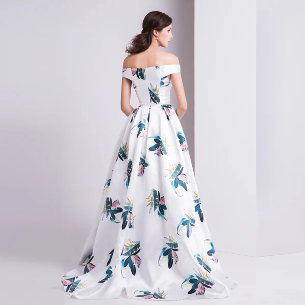 Modern / Fashion Ivory Evening Dresses 2019 A-Line / Princess Off-The-Shoulder Printing Short Sleeve Backless Floor-Length / Long Formal Dresses