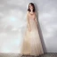 Chic / Belle Champagne Robe De Soirée 2019 Princesse Volants Bretelles Spaghetti Sans Manches Dos Nu Longue Robe De Ceremonie