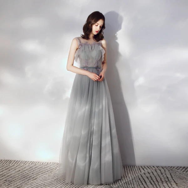 Chic / Beautiful Grey Ruffle Evening Dresses 2019 A-Line / Princess Scoop Neck Beading Lace Flower Sleeveless Backless Sash Floor-Length / Long Formal Dresses