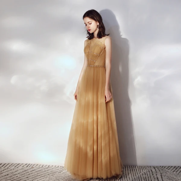 Chic / Beautiful Gold Ruffle Evening Dresses 2019 A-Line / Princess Scoop Neck Beading Lace Flower Sleeveless Floor-Length / Long Formal Dresses