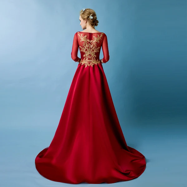 Elegant Burgundy Evening Dresses  2019 A-Line / Princess Scoop Neck Gold Lace Appliques 3/4 Sleeve Sweep Train Formal Dresses