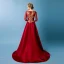 Elegant Burgundy Evening Dresses  2019 A-Line / Princess Scoop Neck Gold Lace Appliques 3/4 Sleeve Sweep Train Formal Dresses