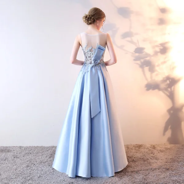 Chic / Beautiful Sky Blue Evening Dresses  2019 A-Line / Princess V-Neck Crystal Lace Flower Sleeveless Bow Floor-Length / Long Formal Dresses