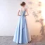 Chic / Beautiful Sky Blue Evening Dresses  2019 A-Line / Princess V-Neck Crystal Lace Flower Sleeveless Bow Floor-Length / Long Formal Dresses