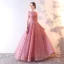 Chic / Belle Perle Rose Robe De Soirée 2019 Princesse Encolure Dégagée Paillettes En Dentelle Fleur Sans Manches Longue Robe De Ceremonie