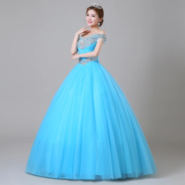 Traditional Pool Blue Prom Dresses 2019 Ball Gown Off-The-Shoulder Crystal Pearl Rhinestone Sequins Short Sleeve Backless Floor-Length / Long Formal Dresses