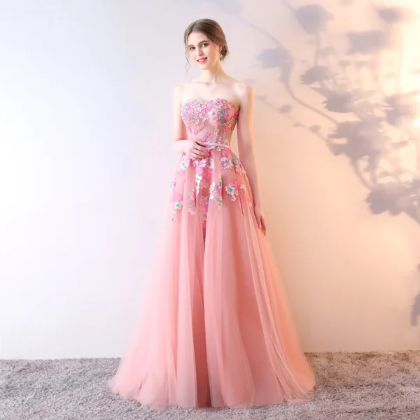 Chic / Belle Bleu Ciel Robe De Soirée 2019 Princesse Bustier Perlage Perle Paillettes Appliques En Dentelle Fleur Sans Manches Dos Nu Longue Robe De Ceremonie