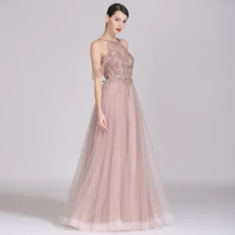 Chic Beautiful Pearl Pink Evening Dresses 2019 A Line Princess Scoop Neck Beading Rhinestone Crystal Pearl Sleeveless Backless Floor Length Long Formal Dresses
