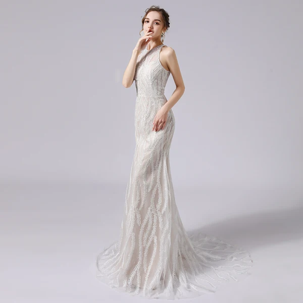 Sexy Champagne Lace Flower Wedding Dresses 2021 Trumpet / Mermaid Scoop Neck Sleeveless Backless Sweep Train Wedding
