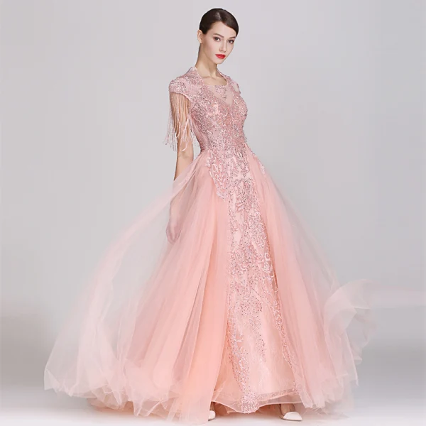 High-end Candy Pink Evening Dresses 2019 A-Line / Princess Square Neckline Handmade Lace Flower Sequins Cap Sleeves Beading Tassel Floor-Length / Long Formal Dresses