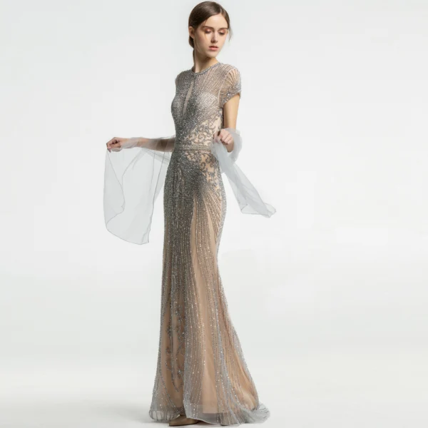 High-end Champagne Evening Dresses 2019 Trumpet / Mermaid Scoop Neck Handmade Beading Crystal Rhinestone Short Sleeve Floor-Length / Long Formal Dresses