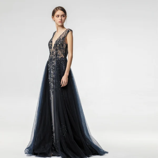 Chic Bleu Marine Robe De Soirée 2019 Princesse V-Cou Fait main Perlage Cristal Faux Diamant Sans Manches Dos Nu Longue Robe De Ceremonie