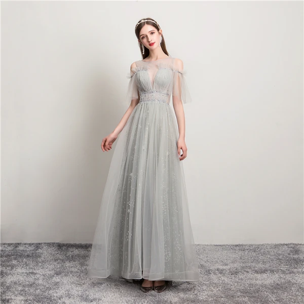 Modern / Fashion Sky Blue Evening Dresses 2019 A-Line / Princess Ruffle Scoop Neck Star Sequins Short Sleeve Backless Sweep Train Formal Dresses