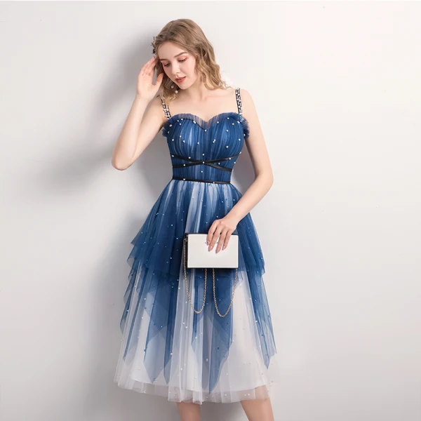 Modern / Fashion Navy Blue Homecoming Graduation Dresses 2019 A-Line / Princess Spaghetti Straps Pearl Sleeveless Backless Tea-length Formal Dresses