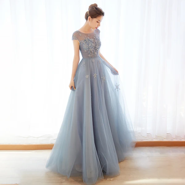 Chic / Beautiful Sky Blue Evening Dresses 2019 A-Line / Princess Scoop Neck Beading Cap Sleeves Floor-Length / Long Formal Dresses
