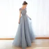 Chic / Belle Bleu Ciel Robe De Soirée 2019 Princesse Encolure Dégagée Perlage Mancherons Longue Robe De Ceremonie