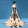 Classy Tan Prom Dresses 2019 A-Line / Princess Sweetheart Lace Flower Sleeveless Backless Court Train Formal Dresses
