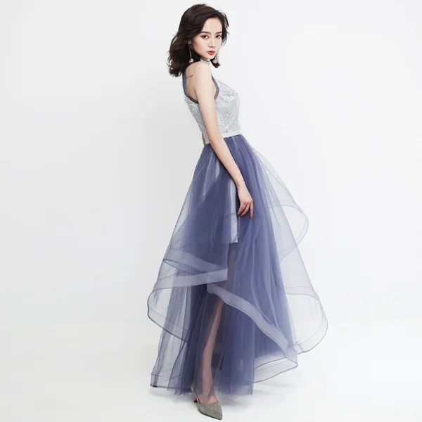 Modern / Fashion Silver Grey Evening Dresses  2019 A-Line / Princess Scoop Neck Lace Sleeveless Cascading Ruffles Floor-Length / Long Formal Dresses