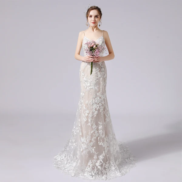 Charming Champagne Wedding Dresses 2021 Trumpet / Mermaid Spaghetti Straps Beading Sequins Lace Flower Sleeveless Backless Court Train Wedding