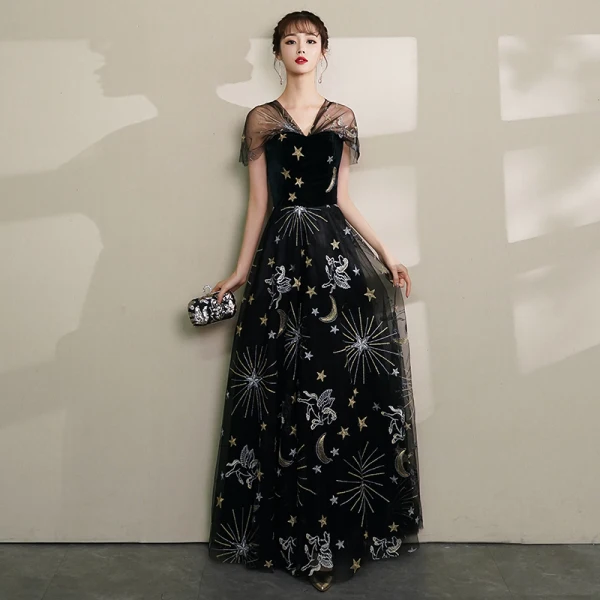 Modern / Fashion Black Evening Dresses  2019 A-Line / Princess V-Neck Lace Star Suede Cap Sleeves Backless Floor-Length / Long Formal Dresses