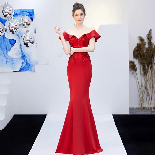 Charmant Couleur Unie Bleu Marine Robe De Soirée 2019 Trompette / Sirène De l'épaule Perlage Paillettes En Dentelle Fleur Manches Courtes Dos Nu Longue Robe De Ceremonie