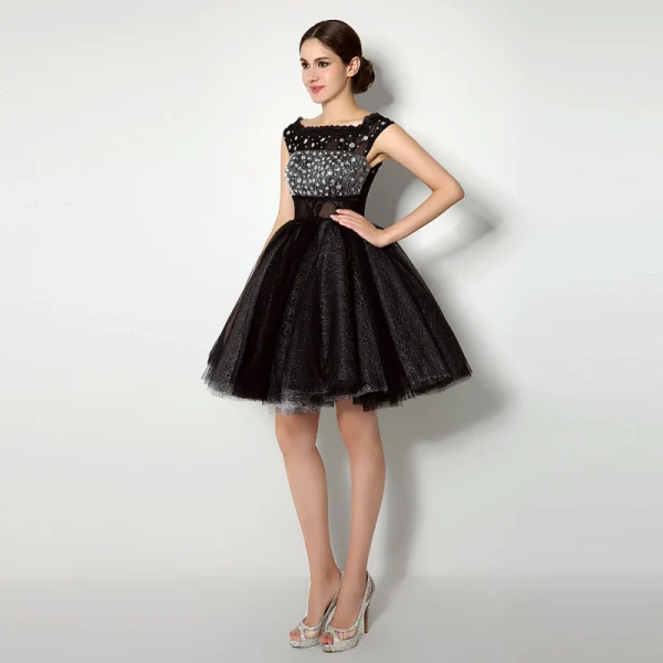 Chic / Belle Noire Robe De Cocktail 2018 Robe Boule Cristal Paillettes Dentelle Encolure Carrée Sans Manches Courte Robe De Ceremonie