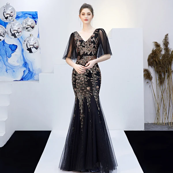 Charming Black Gold Evening Dresses 2019 Trumpet / Mermaid V-Neck Sequins Short Sleeve Backless Floor-Length / Long Formal Dresses