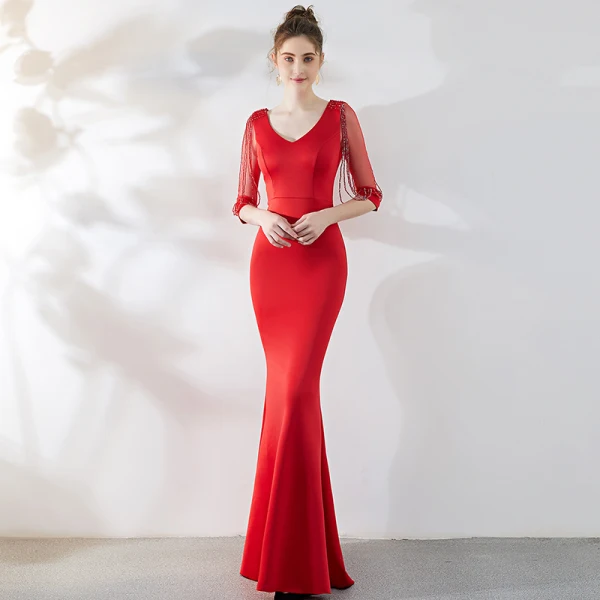 Chic / Beautiful Solid Color Burgundy Evening Dresses 2019 Trumpet / Mermaid V-Neck Beading Tassel 3/4 Sleeve Floor-Length / Long Formal Dresses