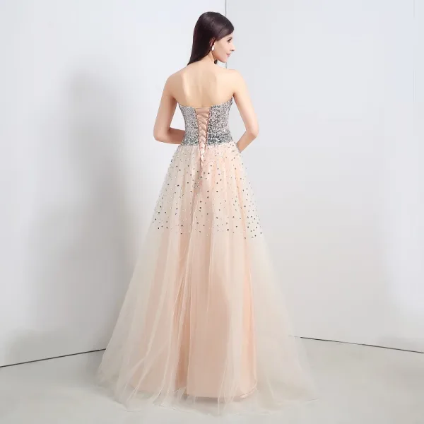 Sparkly Champagne Ballkjoler 2018 Prinsesse Beading Paljetter Krystall Kjæreste Ryggløse Uten Ermer Lange Formelle Kjoler