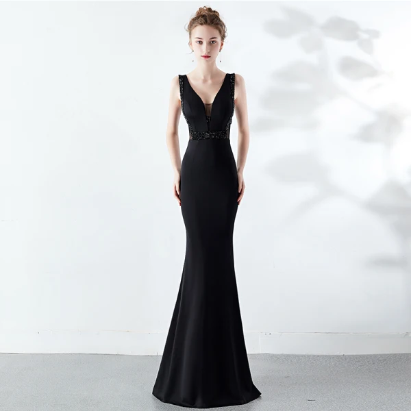 Chic / Beautiful Solid Color Burgundy Evening Dresses 2019 Trumpet / Mermaid V-Neck Beading Crystal Sleeveless Backless Floor-Length / Long Formal Dresses
