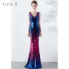 Sparkly Gradient-Color Evening Dresses  2019 Trumpet / Mermaid V-Neck Beading Crystal Sequins Sleeveless Backless Floor-Length / Long Formal Dresses