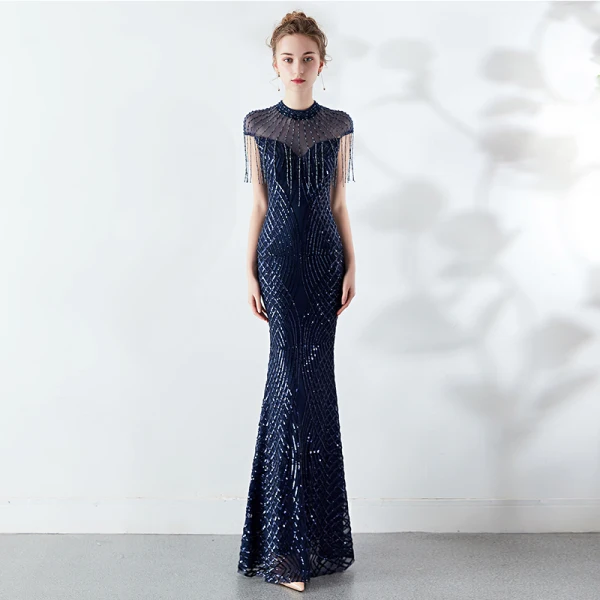 Chic / Beautiful Burgundy Evening Dresses 2019 Trumpet / Mermaid High Neck Beading Tassel Crystal Sequins Short Sleeve Floor-Length / Long Formal Dresses