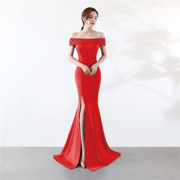 Chic / Belle Couleur Unie Ivoire Robe De Soirée 2019 Trompette / Sirène De l'épaule Faux Diamant En Dentelle Fleur Manches Courtes Dos Nu Fendue devant Longue Robe De Ceremonie