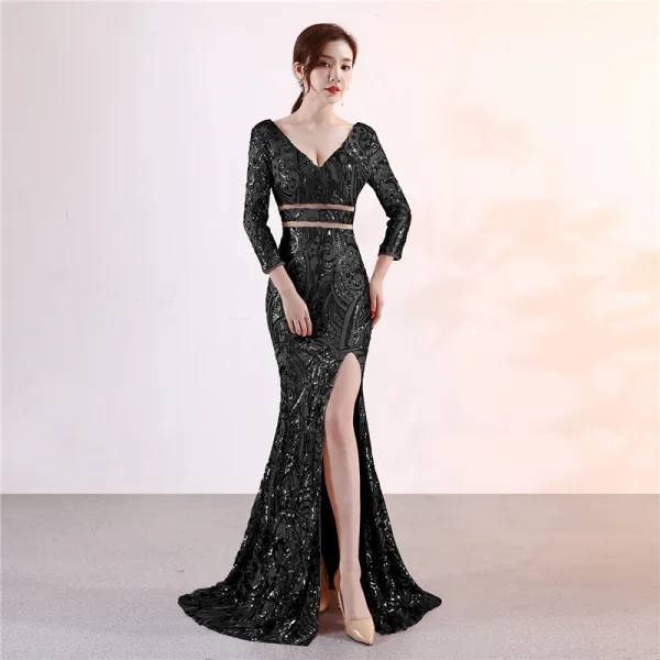 Charmant Doré Robe De Soirée 2019 Trompette / Sirène V-Cou Paillettes 3/4 Manches Dos Nu Fendue devant Longue Robe De Ceremonie