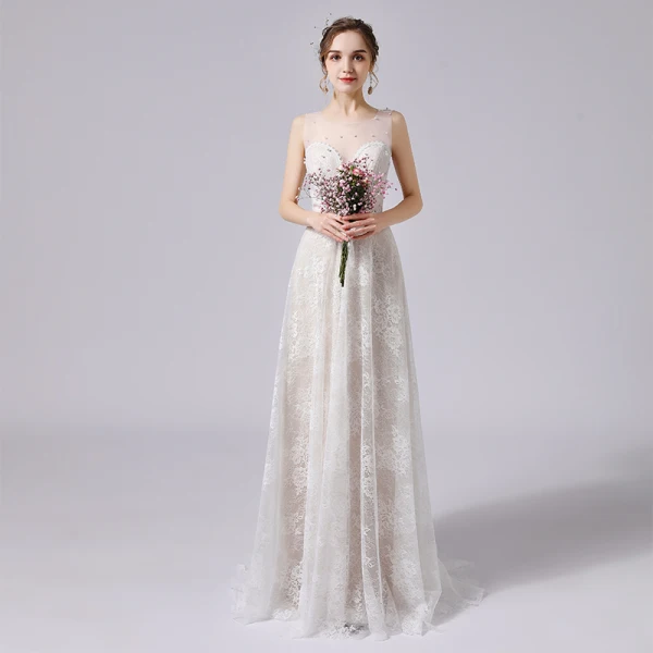 Élégant Ivoire Perle En Dentelle Fleur Robe De Mariée 2021 Princesse Encolure Dégagée Sans Manches Dos Nu Train De Balayage Mariage