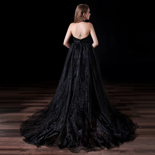 Sexy Black Evening Dresses 2018 A-Line / Princess V-Neck Halter Backless Sleeveless Court Train Formal Dresses