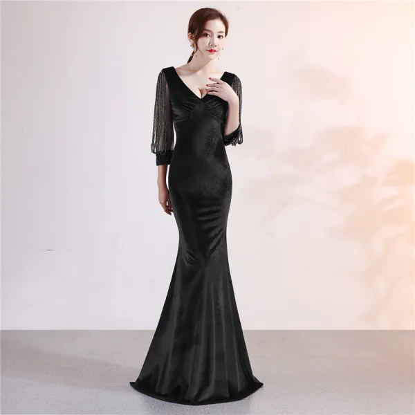 Chic Couleur Unie Bleu Marine Robe De Soirée 2019 Trompette / Sirène Daim V-Cou Perlage Gland 3/4 Manches Longue Robe De Ceremonie
