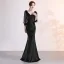 Chic Couleur Unie Bleu Marine Robe De Soirée 2019 Trompette / Sirène Daim V-Cou Perlage Gland 3/4 Manches Longue Robe De Ceremonie