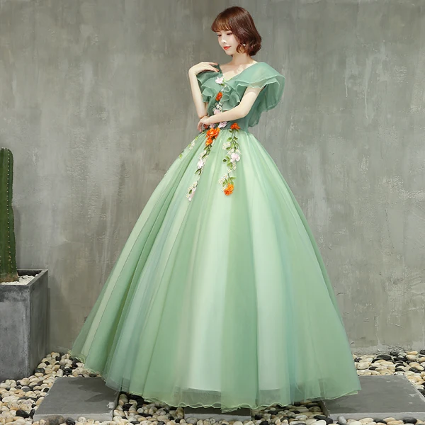 Chic / Beautiful Sage Green Prom Dresses 2019 Ball Gown V-Neck Lace Flower Short Sleeve Backless Floor-Length / Long Formal Dresses