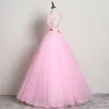 Elegant Candy Pink Prom Dresses 2019 A-Line / Princess V-Neck Flower Beading Lace Appliques Sleeveless Backless Floor-Length / Long Formal Dresses