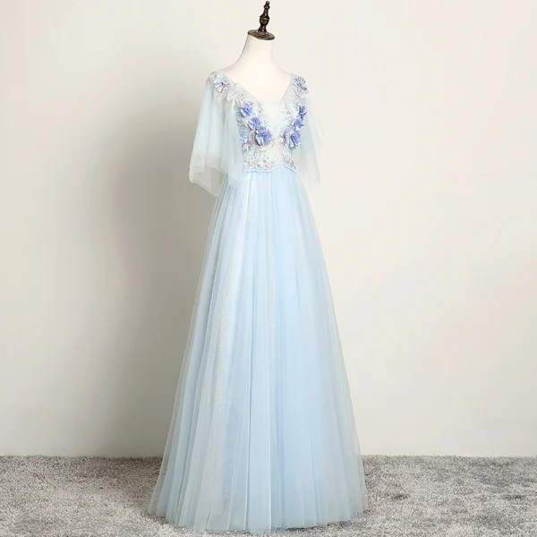 Chic / Beautiful Sky Blue Evening Dresses 2019 A-Line / Princess V-Neck Pearl Rhinestone Lace Flower Short Sleeve Backless Floor-Length / Long Formal Dresses