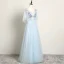 Chic / Beautiful Sky Blue Evening Dresses  2019 A-Line / Princess V-Neck Pearl Rhinestone Lace Flower Short Sleeve Backless Floor-Length / Long Formal Dresses