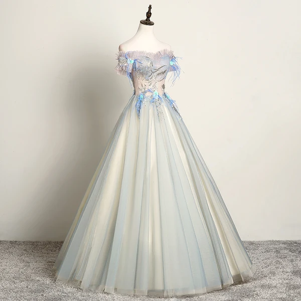 Mode Himmelblau Ballkleider 2019 A Linie Off Shoulder Spitze Blumen Perle Applikationen Kurze Ärmel Rückenfreies Lange Festliche Kleider