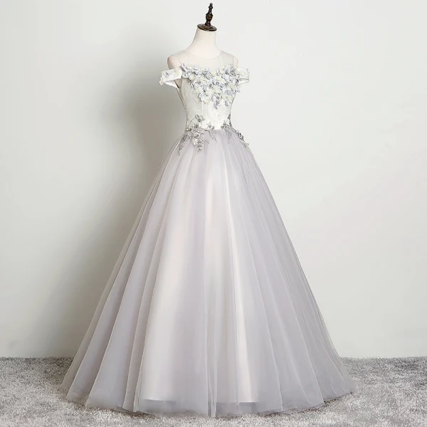 Élégant Gris Robe De Bal 2019 Princesse Encolure Dégagée Perle Faux Diamant Appliques En Dentelle Fleur Sans Manches Dos Nu Longue Robe De Ceremonie