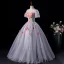 Elegant Grey Prom Dresses 2019 A-Line / Princess Scoop Neck Appliques Pearl Short Sleeve Backless Floor-Length / Long Formal Dresses