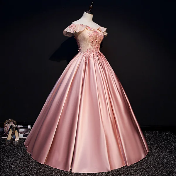 Elegant Candy Pink Prom Dresses 2019 Ball Gown Off-The-Shoulder Beading Appliques Lace Flower Sequins Short Sleeve Backless Floor-Length / Long Formal Elegant Candy Pink Prom Dresses 2019 Ball Gown Off-The-Shoulder Beading Appliques Lace Flower Sequins Short Sleeve Backless Floor-Length / Long Formal
