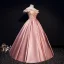 Elegant Candy Pink Prom Dresses 2019 Ball Gown Off-The-Shoulder Beading Appliques Lace Flower Sequins Short Sleeve Backless Floor-Length / Long Formal Dresses