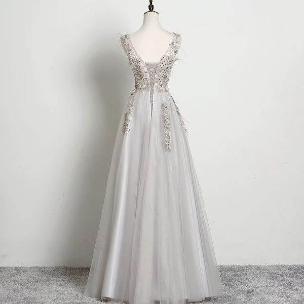 Chic / Belle Gris Robe De Soirée 2019 Princesse Sans Manches Perlage Faux Diamant En Dentelle Fleur Encolure Dégagée Dos Nu Longue Robe De Ceremonie