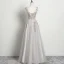 Chic / Belle Gris Robe De Soirée 2019 Princesse Sans Manches Perlage Faux Diamant En Dentelle Fleur Encolure Dégagée Dos Nu Longue Robe De Ceremonie